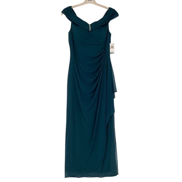 Alex Evenings Womens 10 Peacock Off The Shoulder Dress Embellished Ruched OS6-13 - Picture 3 of 10